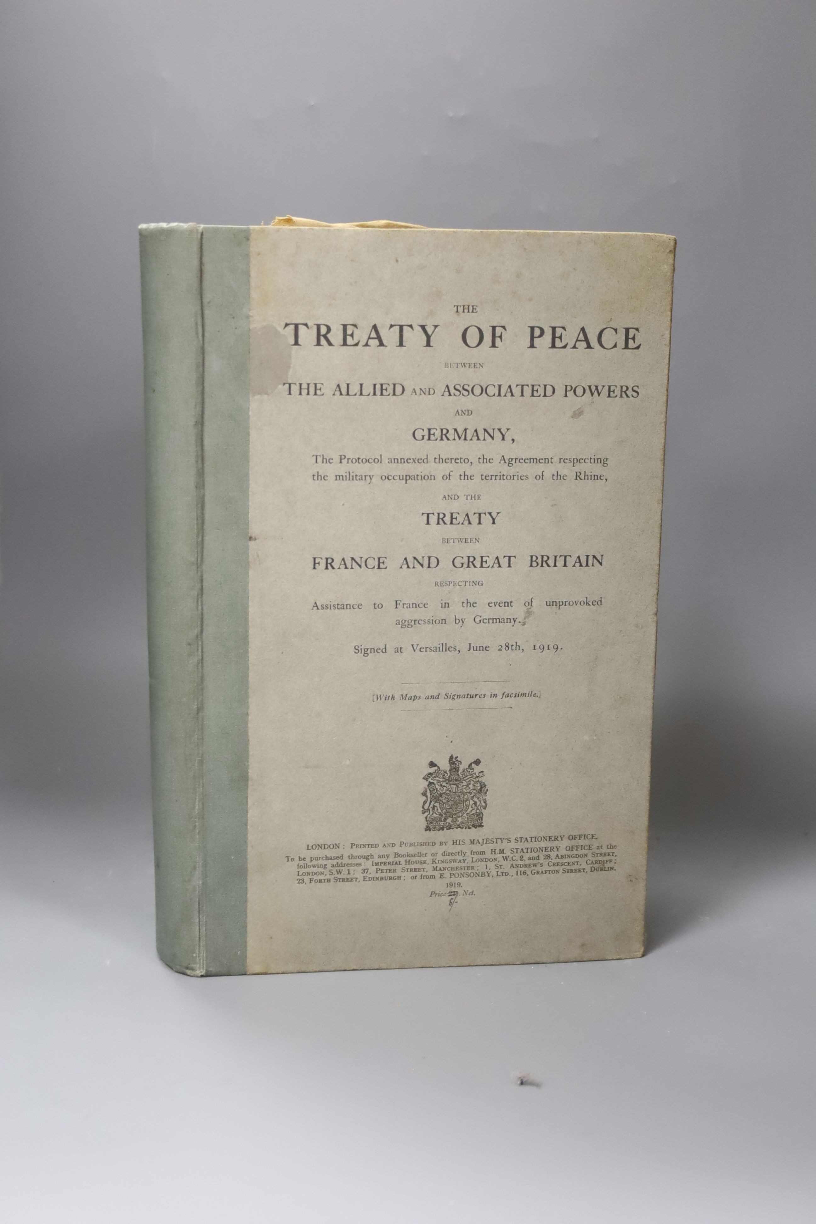 “Treaty of Peace between the Allied and Associated Powers and Germany” Versailles June 28th 1919 pub HMSO 1919 hard cover with maps.